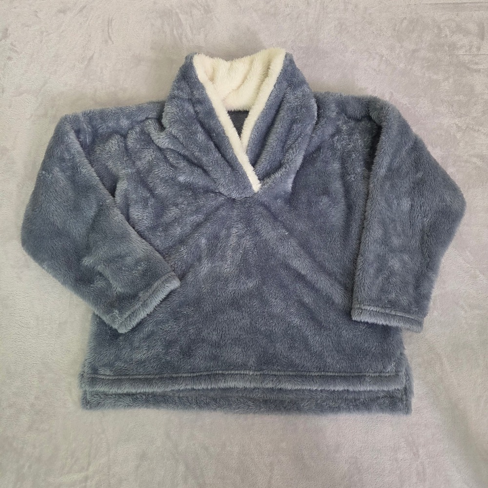 Blue Gray Cream Faux Fur Teddy Pullover Shawl Collar Sweater Large Loungewear